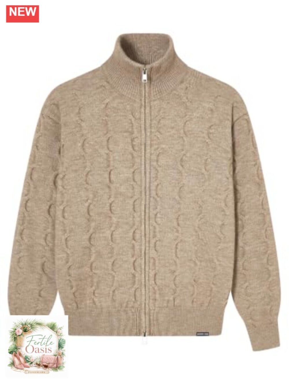 Men's Cable Knit Cardigan Sweater Double Zip Up Stand Collar Heavyweight